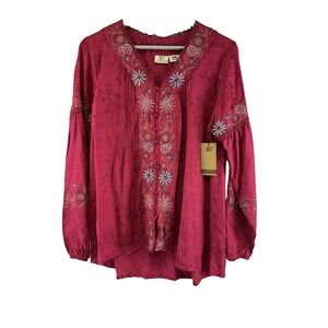 La Blend Rayon Blouse Button Down V-Neck Embroidered Floral Burgundy Women Small